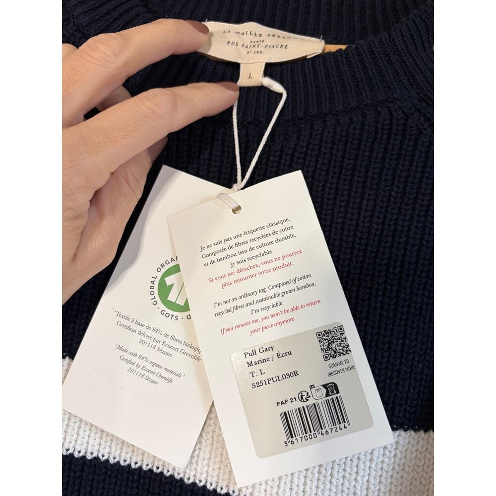 Sezane Gary Navy Ecru Organic Cotton French Casual Jumper Sweater Size Large NWT - Picture 4 of 9